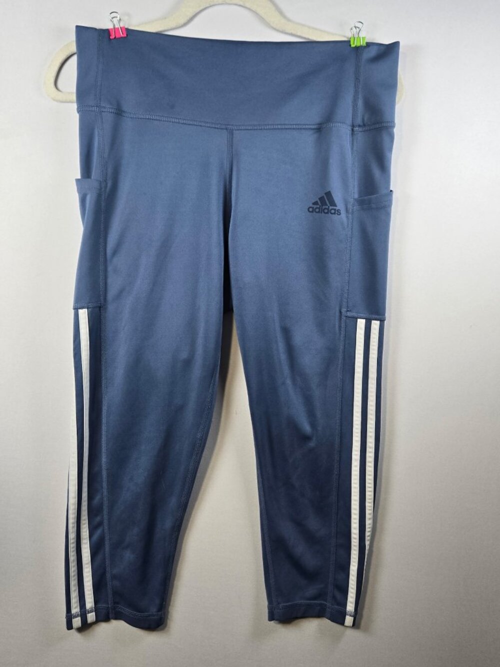 Adidas AEROREADY Womens Blue 3 Stripe High Rise Capri Leggings Side Pockets